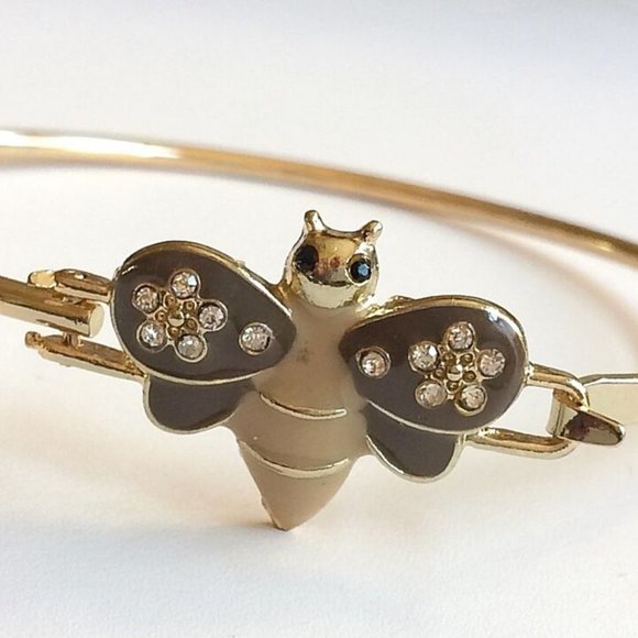 Bumble Bee Bangle Bracelet 8" Crystal Beige Enamel Gold Plated Charm - Picture 8 of 12